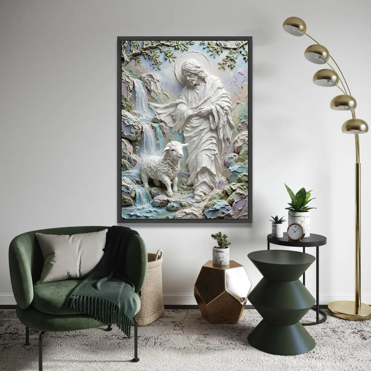 Jesus Shepherd with Lamb Canvas Wall Art, Spiritual Religious Home Decor, Waterfall Nature Scene, Inspirational Ready To Hang Decoration