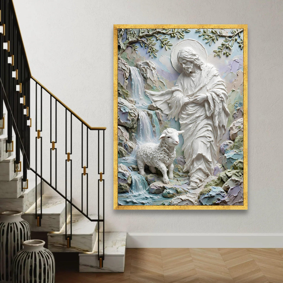 Jesus Shepherd with Lamb Canvas Wall Art, Spiritual Religious Home Decor, Waterfall Nature Scene, Inspirational Ready To Hang Decoration