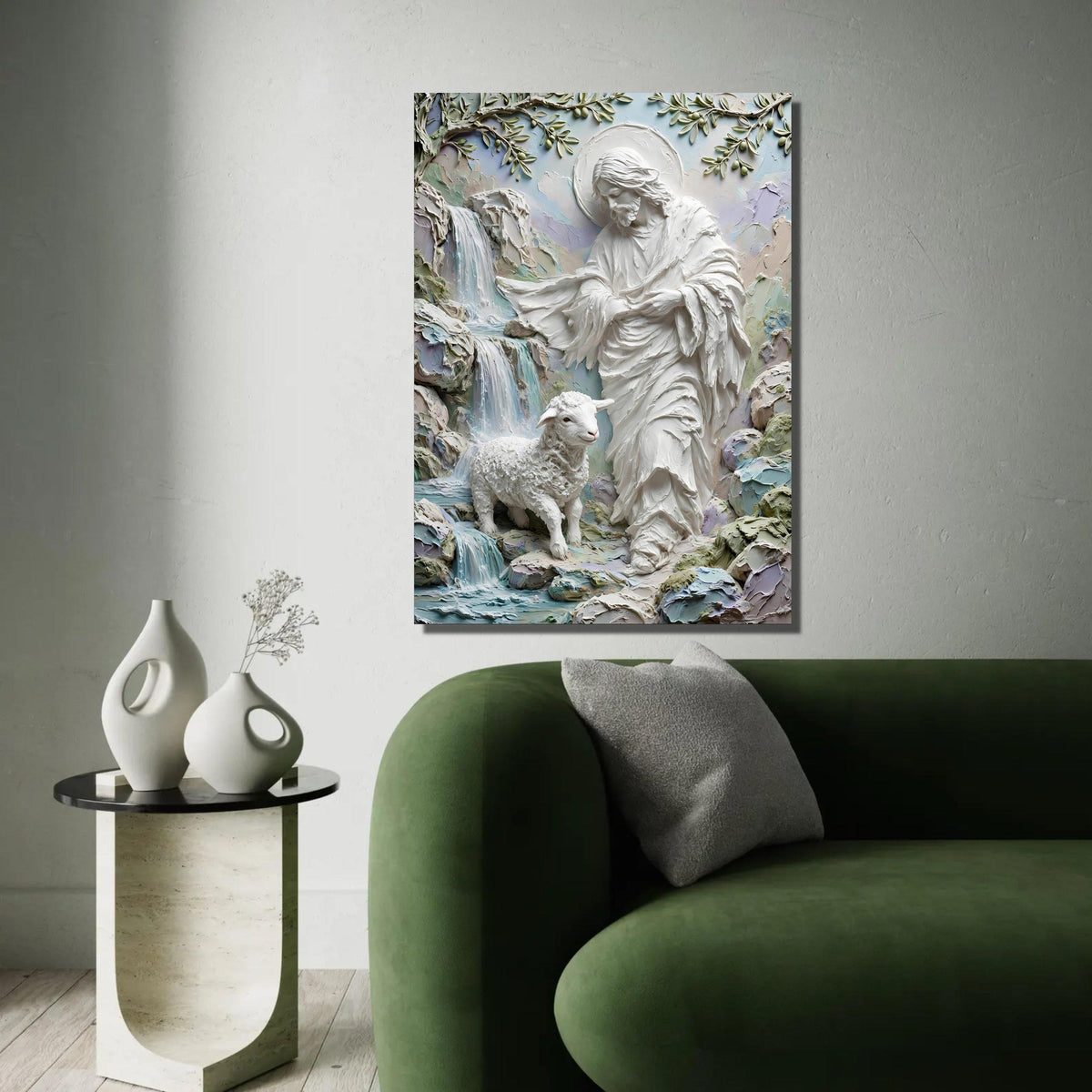Jesus Shepherd with Lamb Canvas Wall Art, Spiritual Religious Home Decor, Waterfall Nature Scene, Inspirational Ready To Hang Decoration