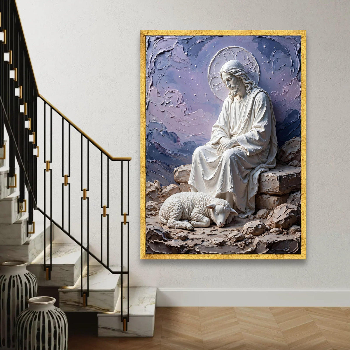 Peaceful Shepherd and Lamb Canvas Wall Art, Religious Christian Decor, Spiritual Meditation Canvas, Serenity Home Ready To Hang Decoration