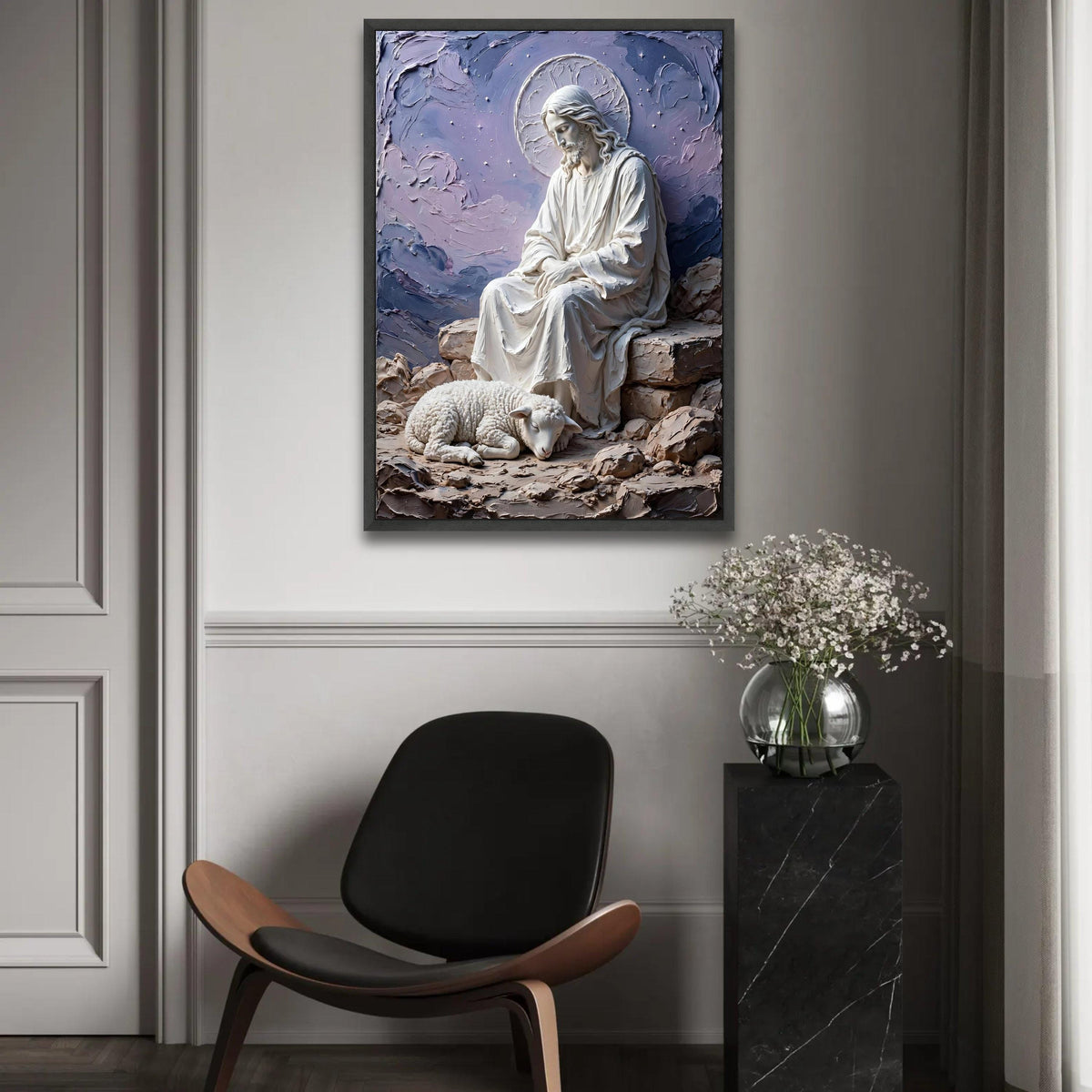 Peaceful Shepherd and Lamb Canvas Wall Art, Religious Christian Decor, Spiritual Meditation Canvas, Serenity Home Ready To Hang Decoration