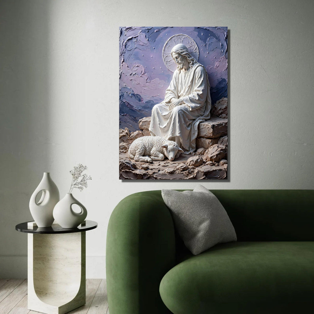 Peaceful Shepherd and Lamb Canvas Wall Art, Religious Christian Decor, Spiritual Meditation Canvas, Serenity Home Ready To Hang Decoration