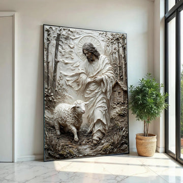 Jesus with Lamb Canvas Wall Art, Religious Christian Decor, Shepherd and Sheep Painting, Spiritual Home Wall Ready To Hang Decoration