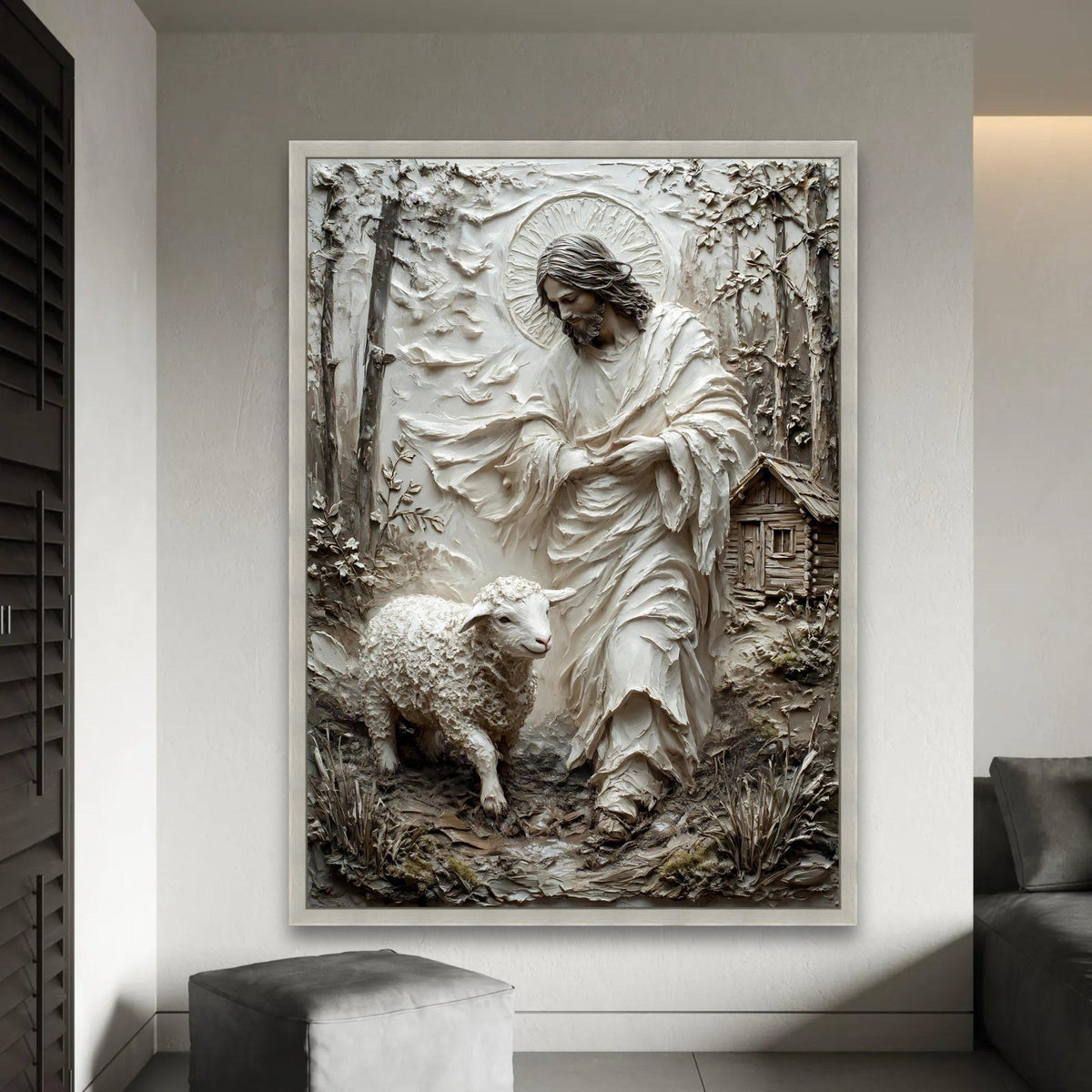 Jesus with Lamb Canvas Wall Art, Religious Christian Decor, Shepherd and Sheep Painting, Spiritual Home Wall Ready To Hang Decoration