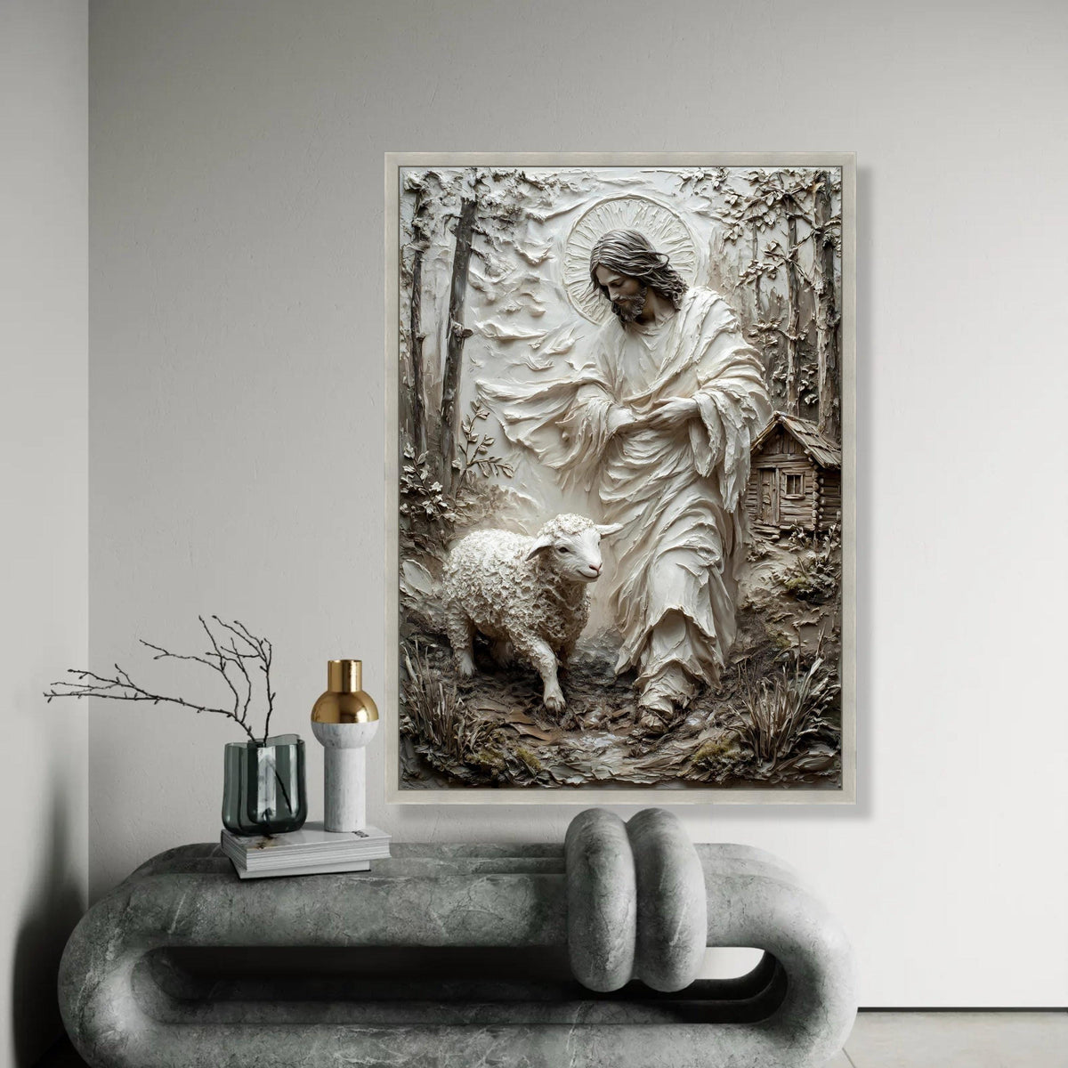 Jesus with Lamb Canvas Wall Art, Religious Christian Decor, Shepherd and Sheep Painting, Spiritual Home Wall Ready To Hang Decoration