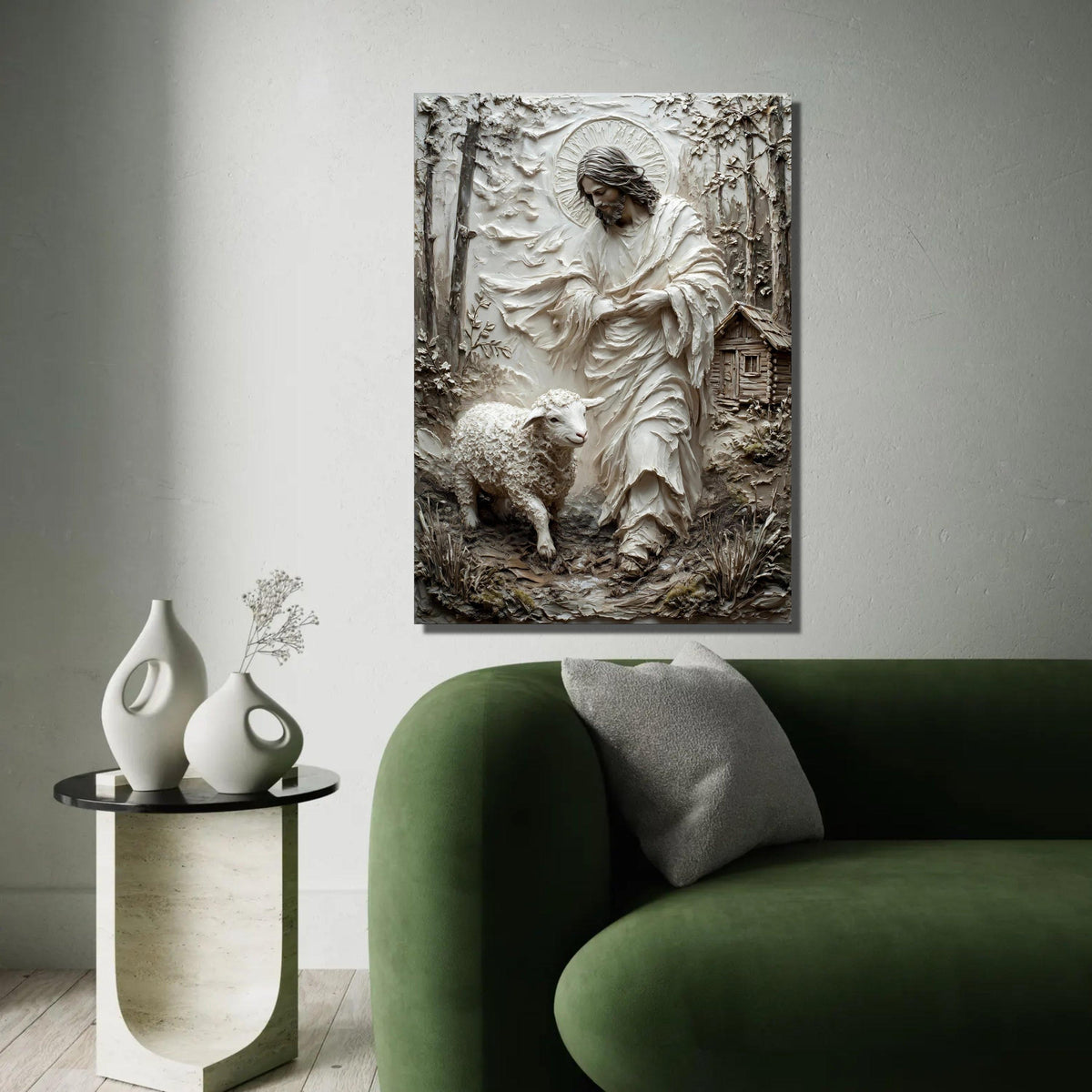 Jesus with Lamb Canvas Wall Art, Religious Christian Decor, Shepherd and Sheep Painting, Spiritual Home Wall Ready To Hang Decoration