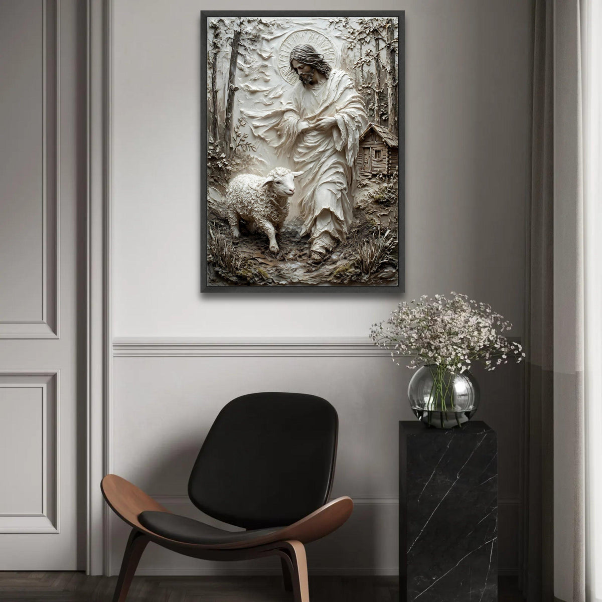 Jesus with Lamb Canvas Wall Art, Religious Christian Decor, Shepherd and Sheep Painting, Spiritual Home Wall Ready To Hang Decoration