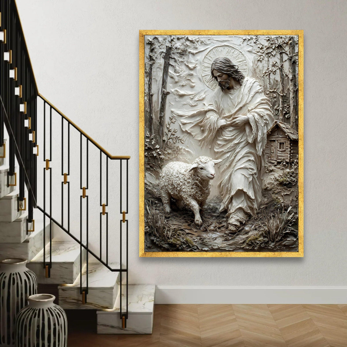 Jesus with Lamb Canvas Wall Art, Religious Christian Decor, Shepherd and Sheep Painting, Spiritual Home Wall Ready To Hang Decoration