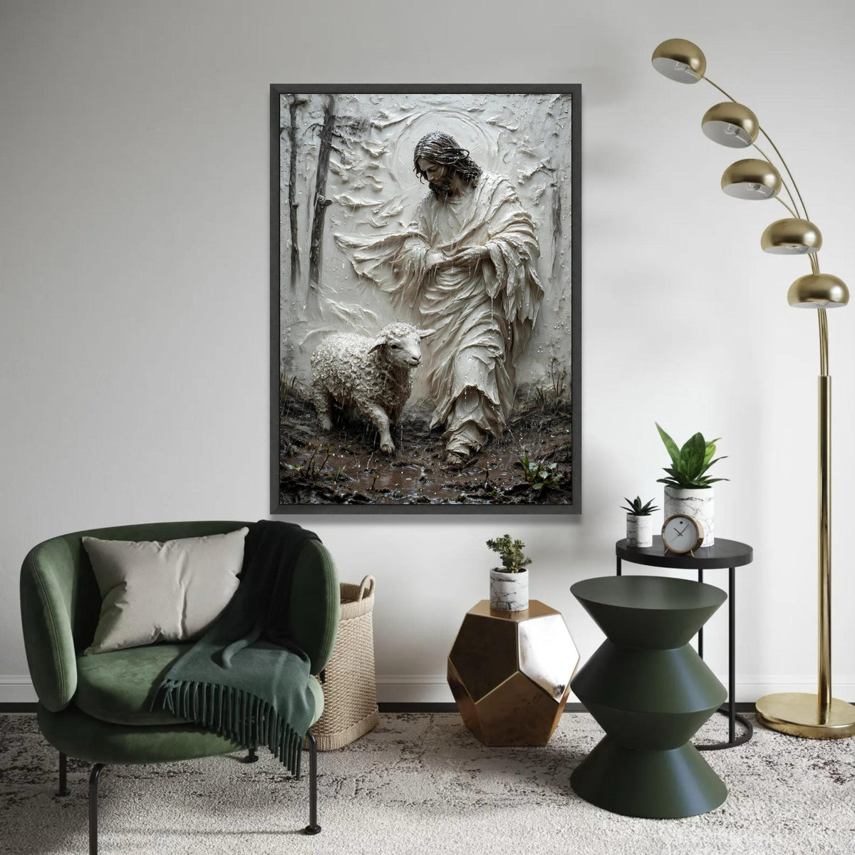 Jesus with Lamb Canvas Wall Art, Religious Christian Decor, Spiritual Shepherd Painting, Faith Symbol Canvas, Ready To Hang Decoration