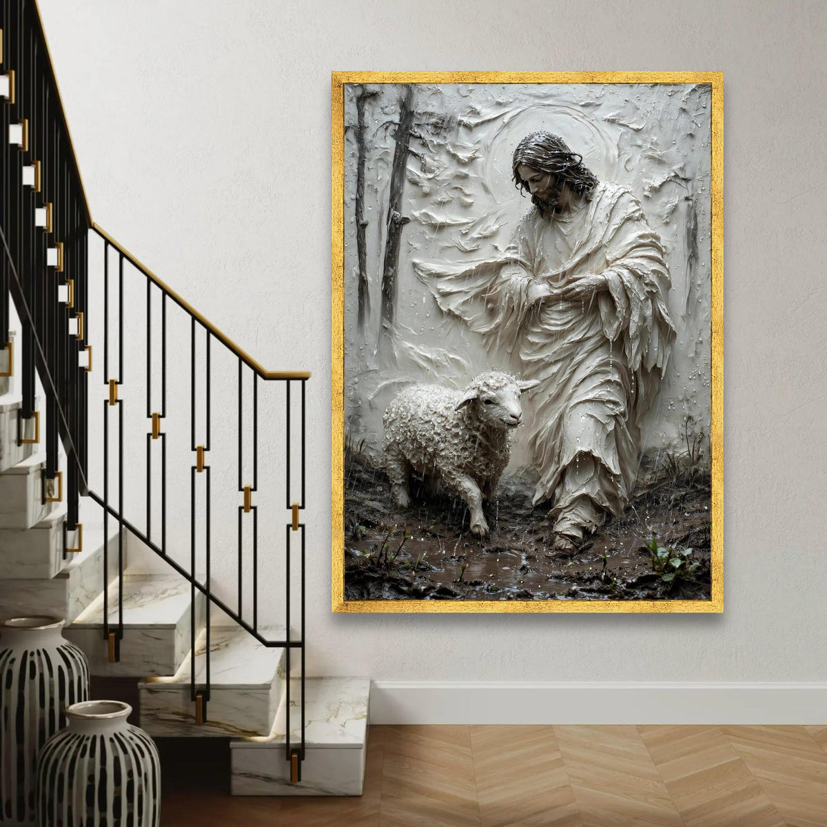 Jesus with Lamb Canvas Wall Art, Religious Christian Decor, Spiritual Shepherd Painting, Faith Symbol Canvas, Ready To Hang Decoration