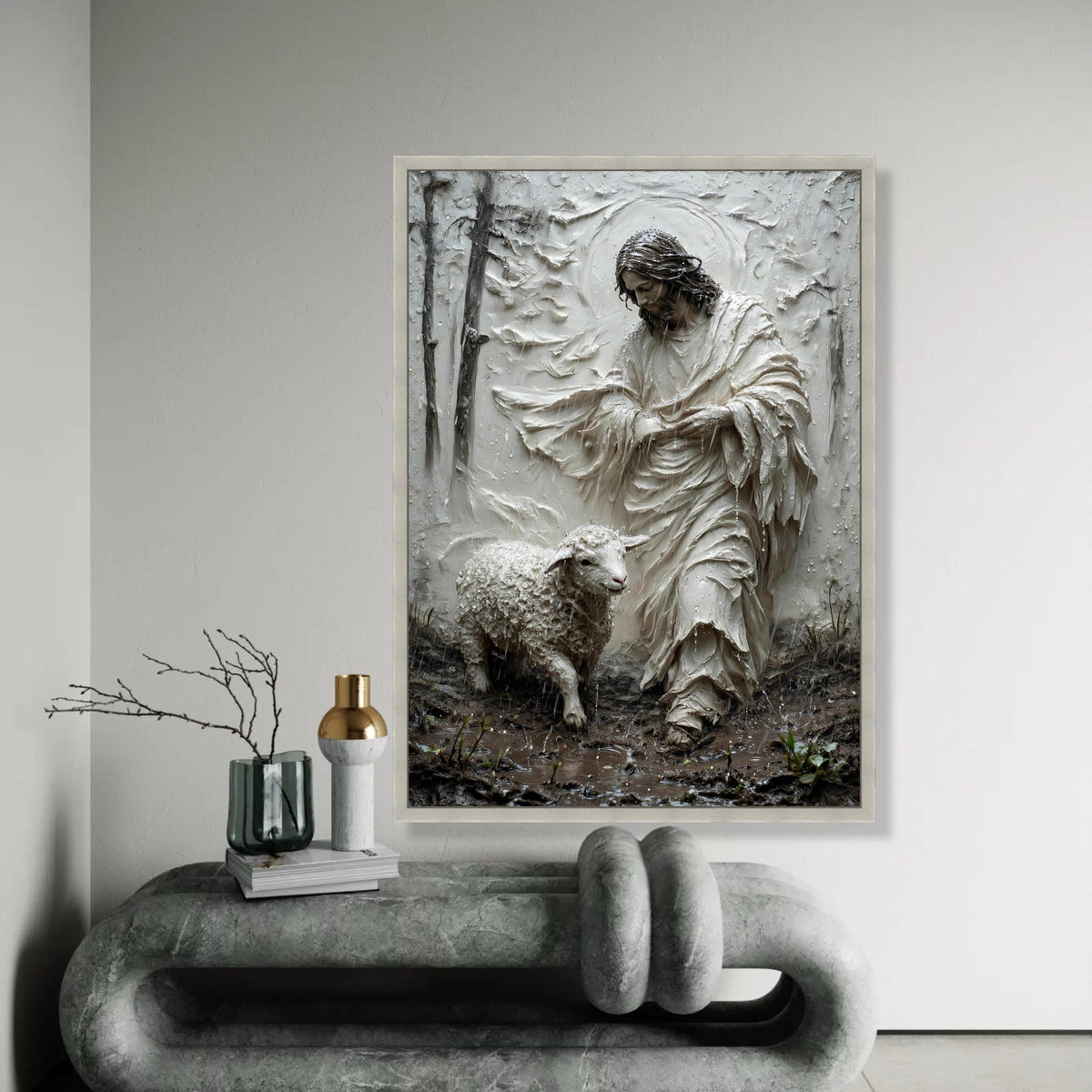 Jesus with Lamb Canvas Wall Art, Religious Christian Decor, Spiritual Shepherd Painting, Faith Symbol Canvas, Ready To Hang Decoration