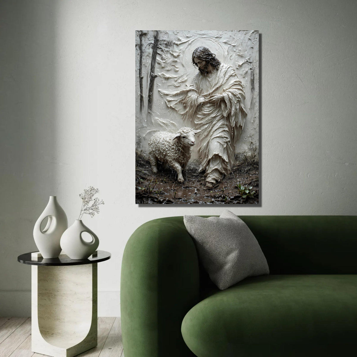 Jesus with Lamb Canvas Wall Art, Religious Christian Decor, Spiritual Shepherd Painting, Faith Symbol Canvas, Ready To Hang Decoration