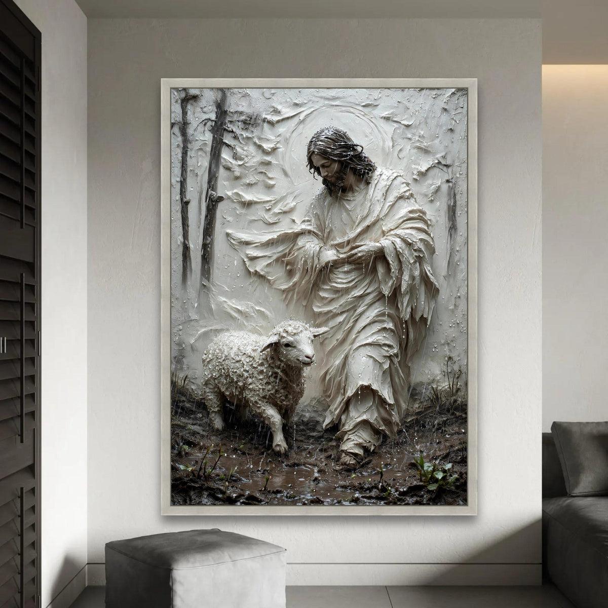Jesus with Lamb Canvas Wall Art, Religious Christian Decor, Spiritual Shepherd Painting, Faith Symbol Canvas, Ready To Hang Decoration