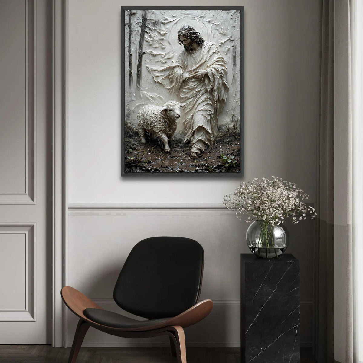 Jesus with Lamb Canvas Wall Art, Religious Christian Decor, Spiritual Shepherd Painting, Faith Symbol Canvas, Ready To Hang Decoration