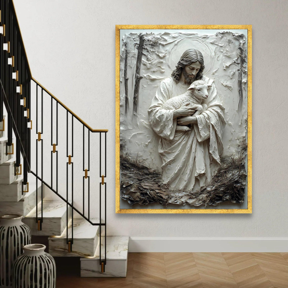 Gentle Savior Embrace, Jesus Holding Lamb Canvas, Religious Spiritual Wall Art, Christian Home Decoration, Ready To Hang Decoration