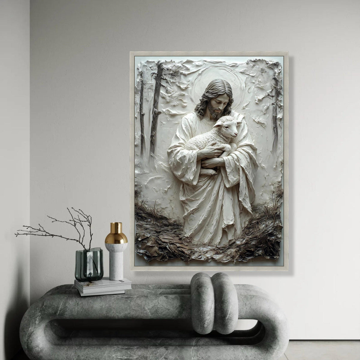 Gentle Savior Embrace, Jesus Holding Lamb Canvas, Religious Spiritual Wall Art, Christian Home Decoration, Ready To Hang Decoration
