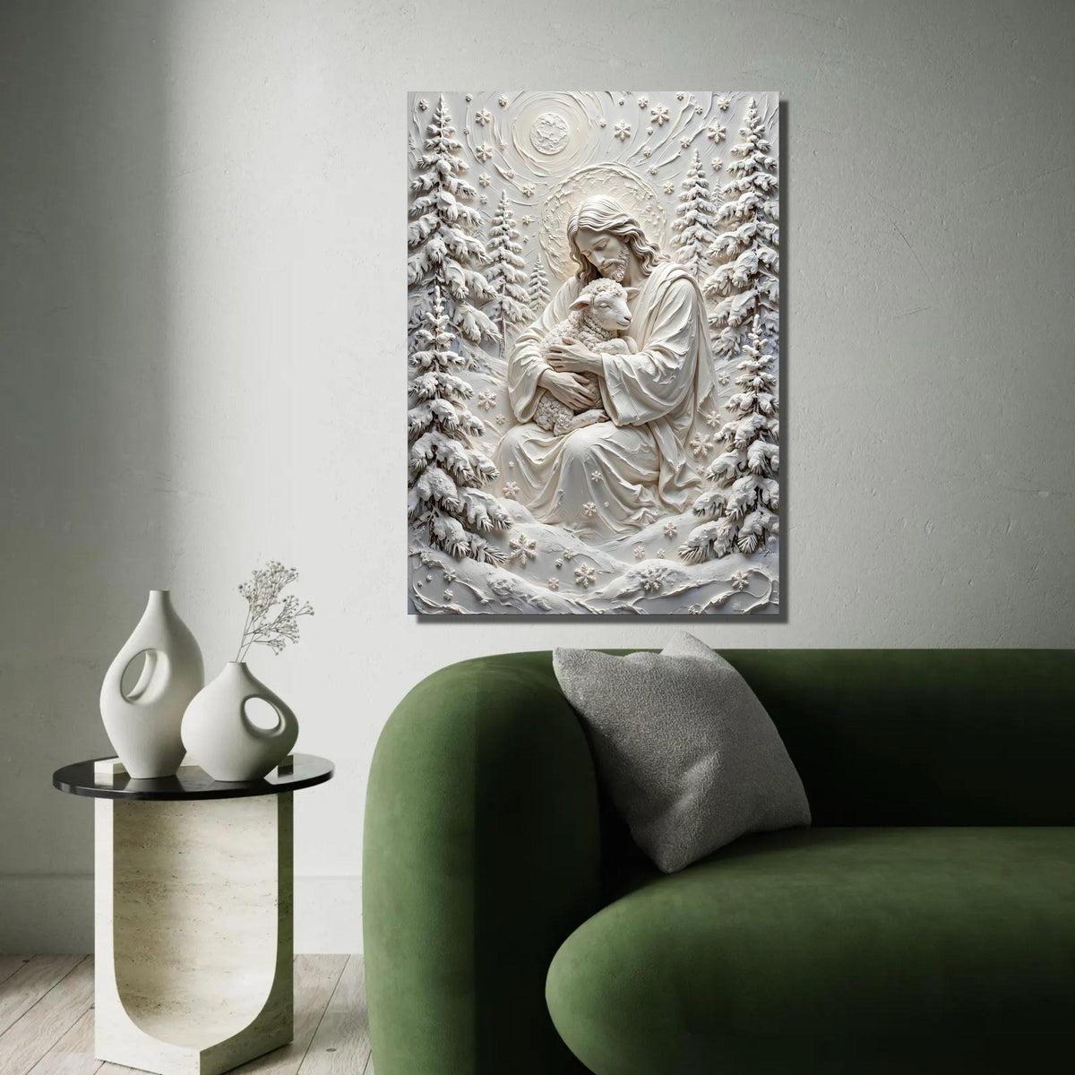 Gentle Shepherd Embrace Canvas, Jesus Holding Lamb Wall Art, Spiritual Religious Design, Peaceful Forest Scene Ready To Hang Decoration