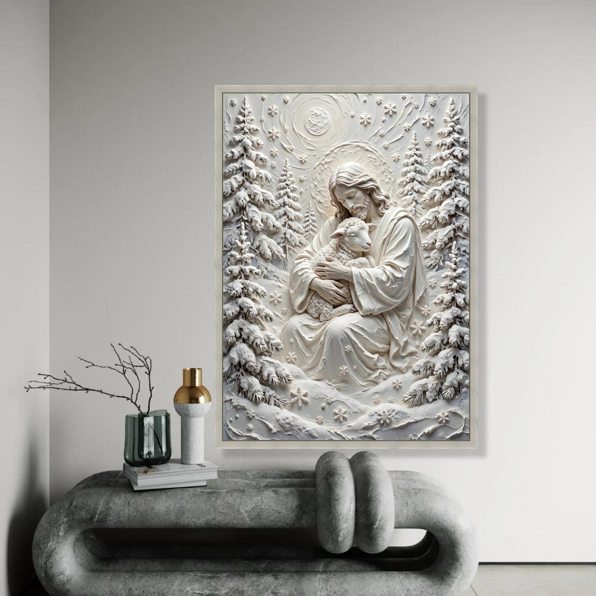 Gentle Shepherd Embrace Canvas, Jesus Holding Lamb Wall Art, Spiritual Religious Design, Peaceful Forest Scene Ready To Hang Decoration