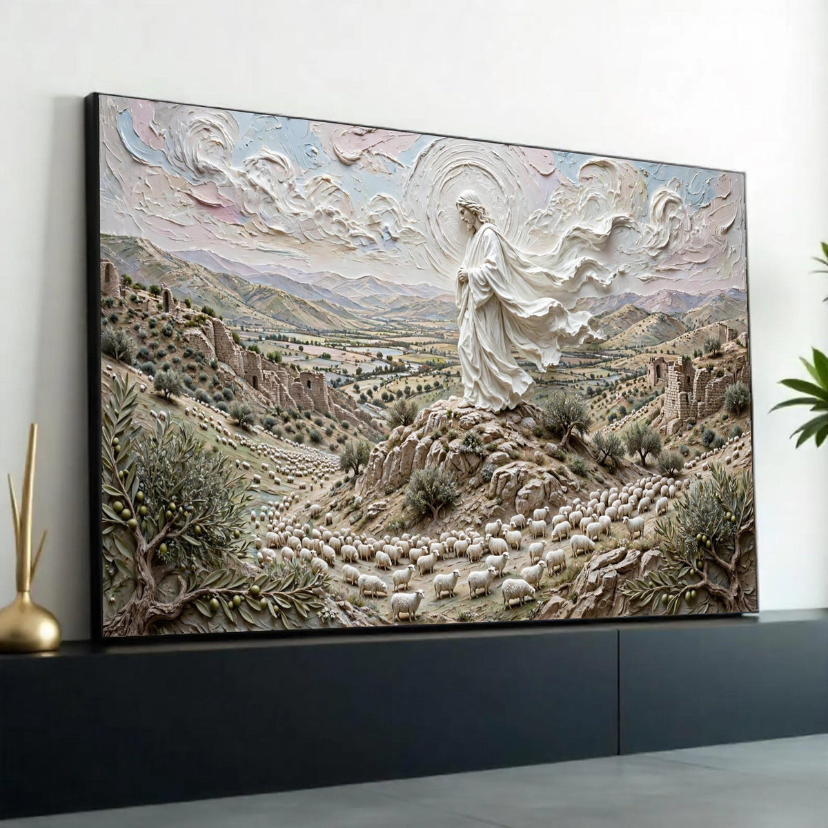 Peaceful Shepherd of Sheep Canvas, Spiritual Landscape Wall Art, Religious Nature Scene, Pastoral Home Decoration, Ready To Hang Decoration