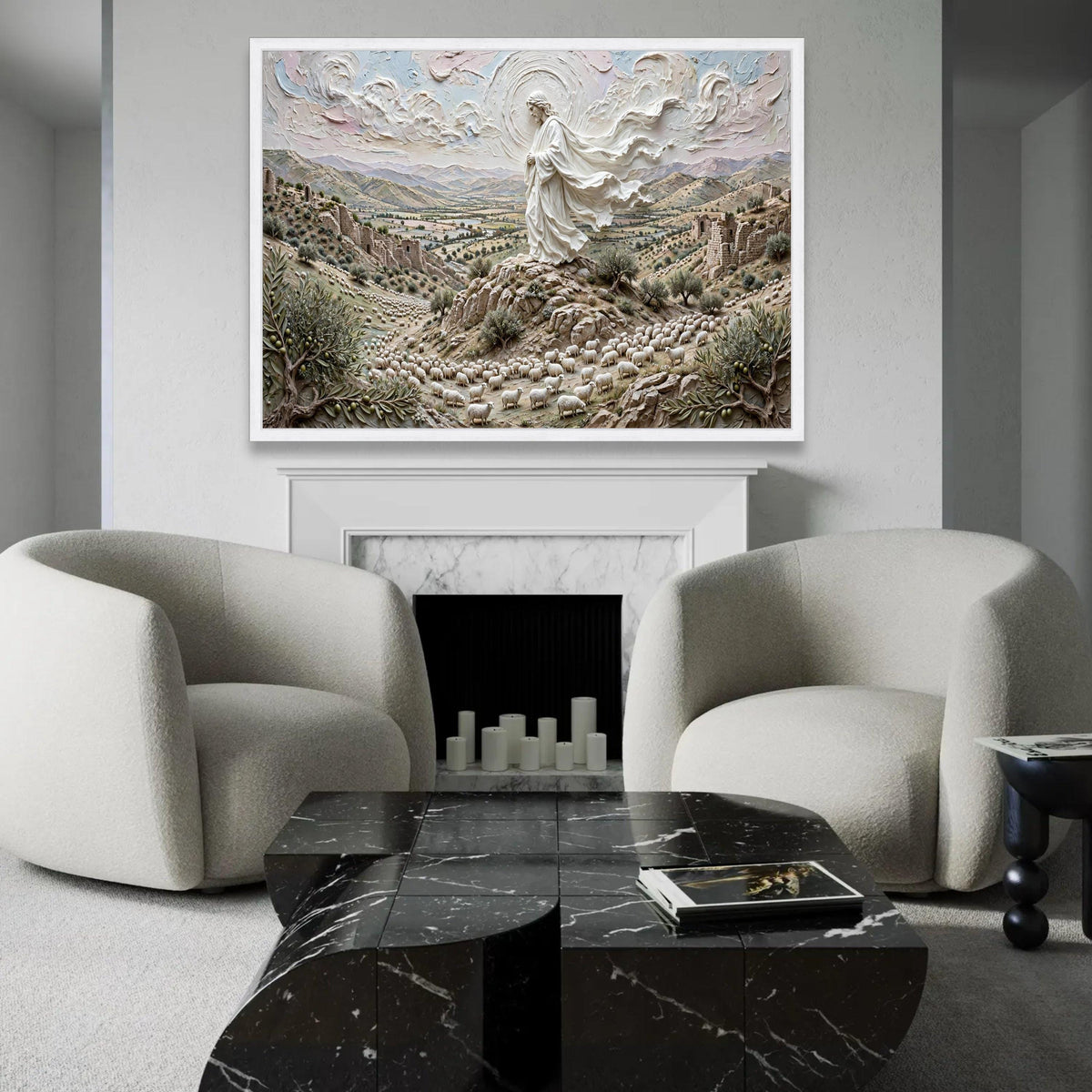 Peaceful Shepherd of Sheep Canvas, Spiritual Landscape Wall Art, Religious Nature Scene, Pastoral Home Decoration, Ready To Hang Decoration