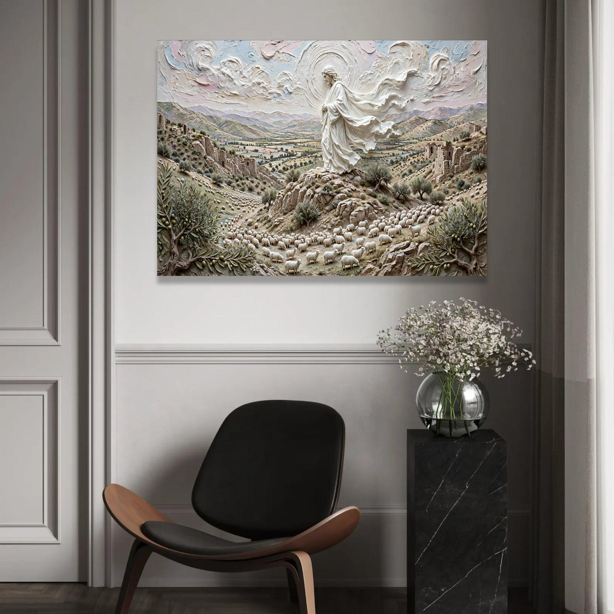 Peaceful Shepherd of Sheep Canvas, Spiritual Landscape Wall Art, Religious Nature Scene, Pastoral Home Decoration, Ready To Hang Decoration