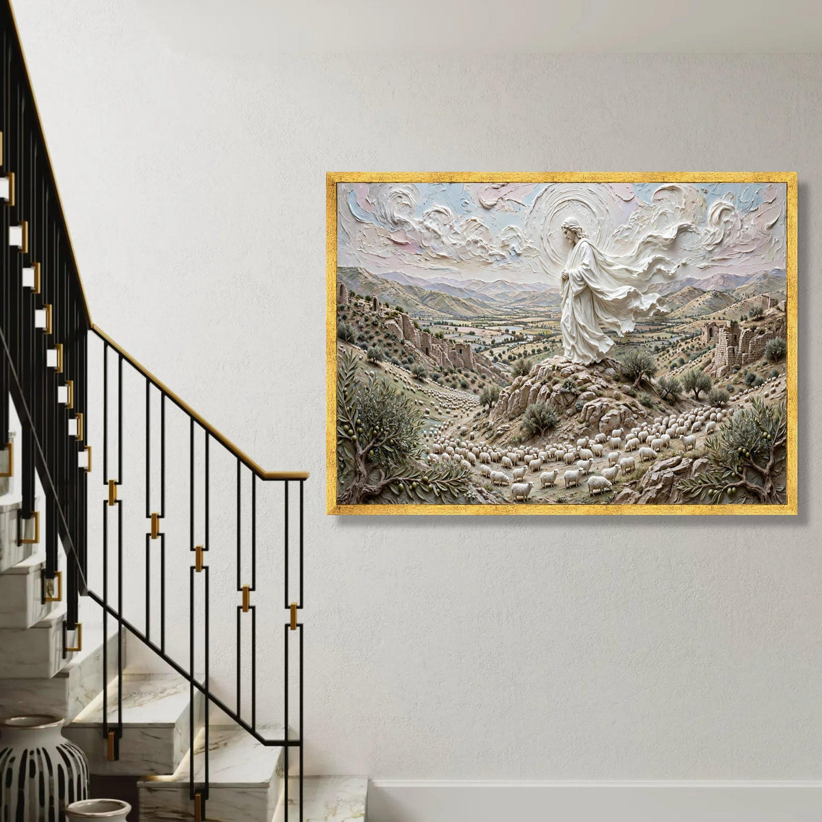 Peaceful Shepherd of Sheep Canvas, Spiritual Landscape Wall Art, Religious Nature Scene, Pastoral Home Decoration, Ready To Hang Decoration