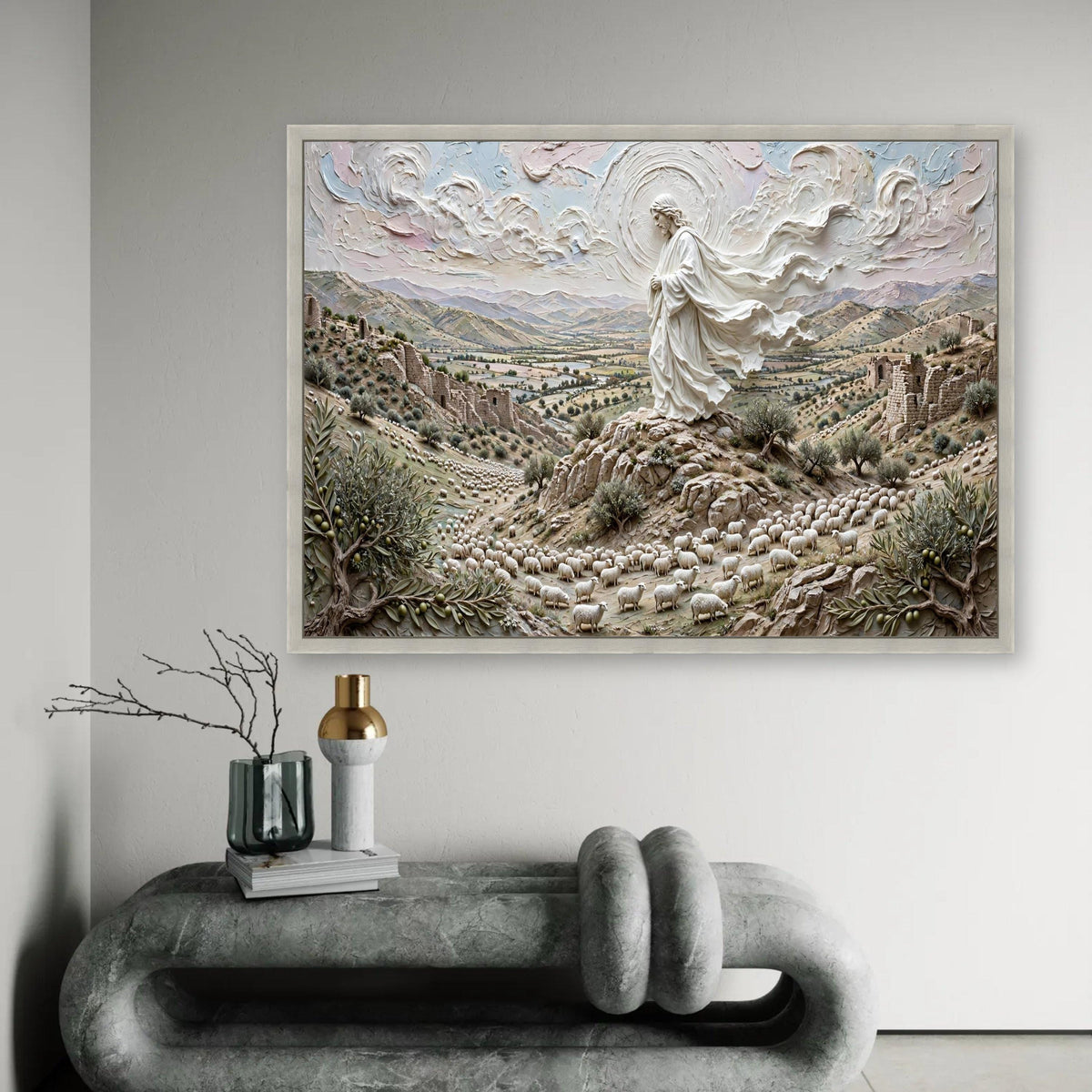 Peaceful Shepherd of Sheep Canvas, Spiritual Landscape Wall Art, Religious Nature Scene, Pastoral Home Decoration, Ready To Hang Decoration