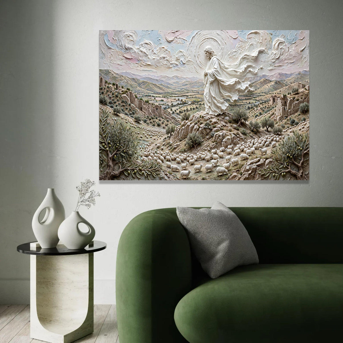 Peaceful Shepherd of Sheep Canvas, Spiritual Landscape Wall Art, Religious Nature Scene, Pastoral Home Decoration, Ready To Hang Decoration