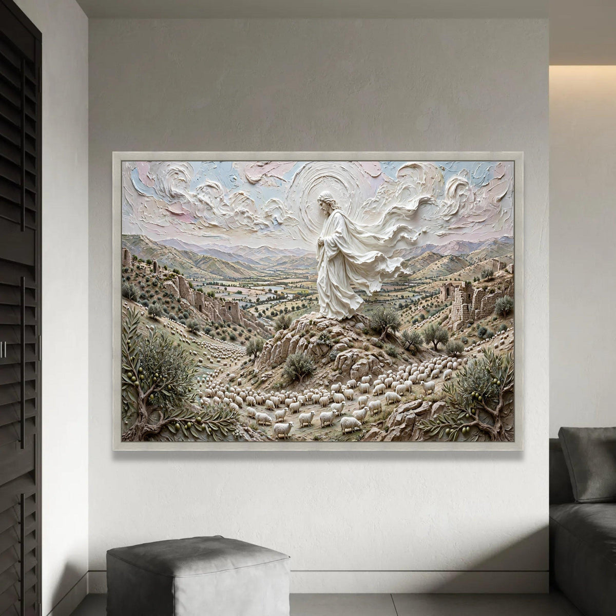 Peaceful Shepherd of Sheep Canvas, Spiritual Landscape Wall Art, Religious Nature Scene, Pastoral Home Decoration, Ready To Hang Decoration