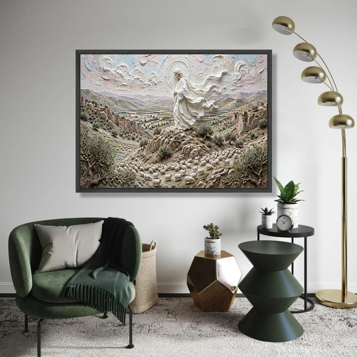 Peaceful Shepherd of Sheep Canvas, Spiritual Landscape Wall Art, Religious Nature Scene, Pastoral Home Decoration, Ready To Hang Decoration