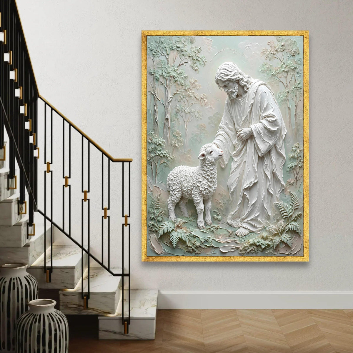 Gentle Shepherd with Lamb Canvas, Religious Wall Art, Christian Home Decor, Spiritual Canvas, Peaceful Nature Ready To Hang Decoration