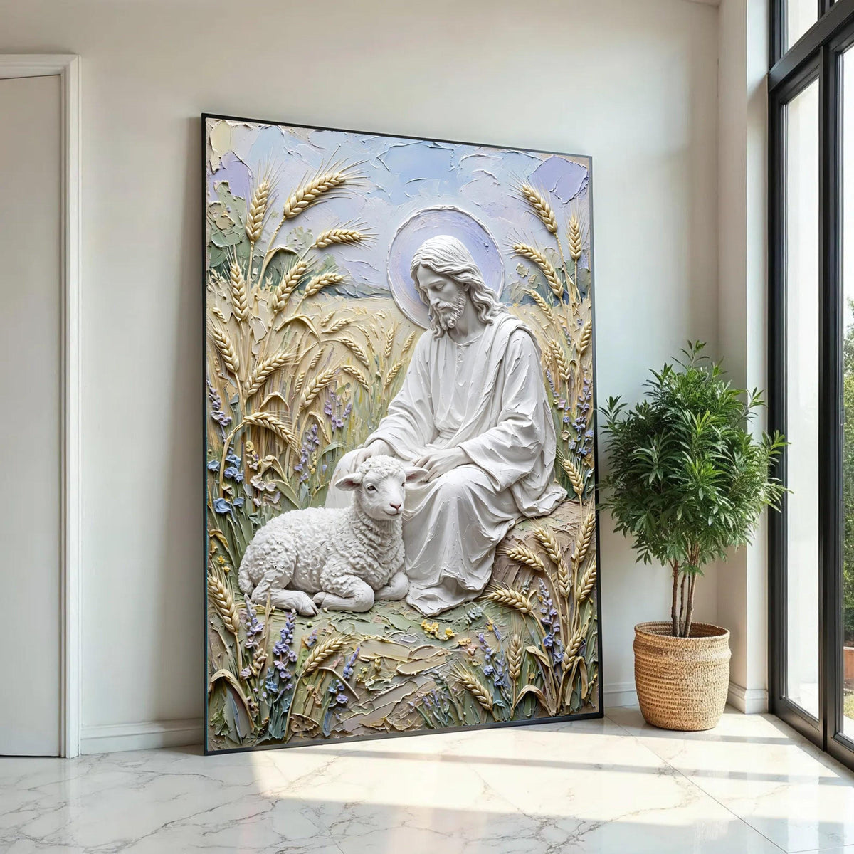 Gentle Shepherd with Lamb Canvas, Religious Wall Art, Spiritual Jesus Decor, Peaceful Pastoral Scene, Christian Ready To Hang Decoration
