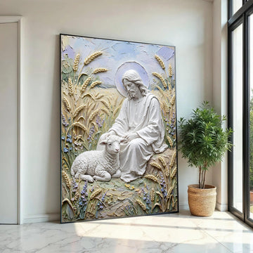 Gentle Shepherd with Lamb Canvas, Religious Wall Art, Spiritual Jesus Decor, Peaceful Pastoral Scene, Christian Ready To Hang Decoration