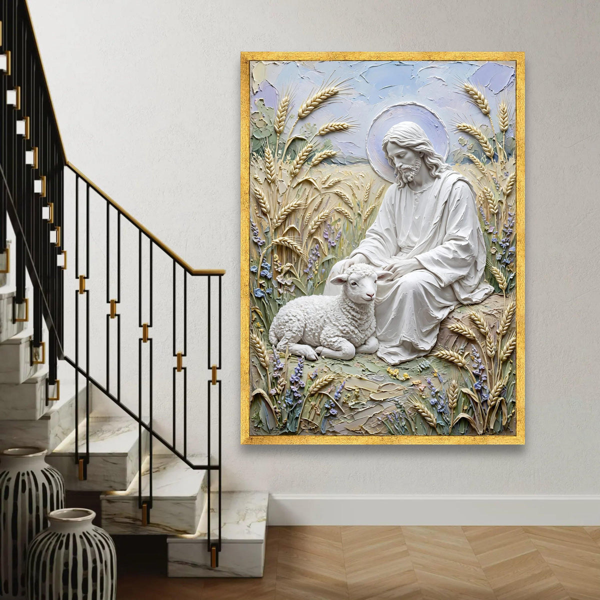 Gentle Shepherd with Lamb Canvas, Religious Wall Art, Spiritual Jesus Decor, Peaceful Pastoral Scene, Christian Ready To Hang Decoration