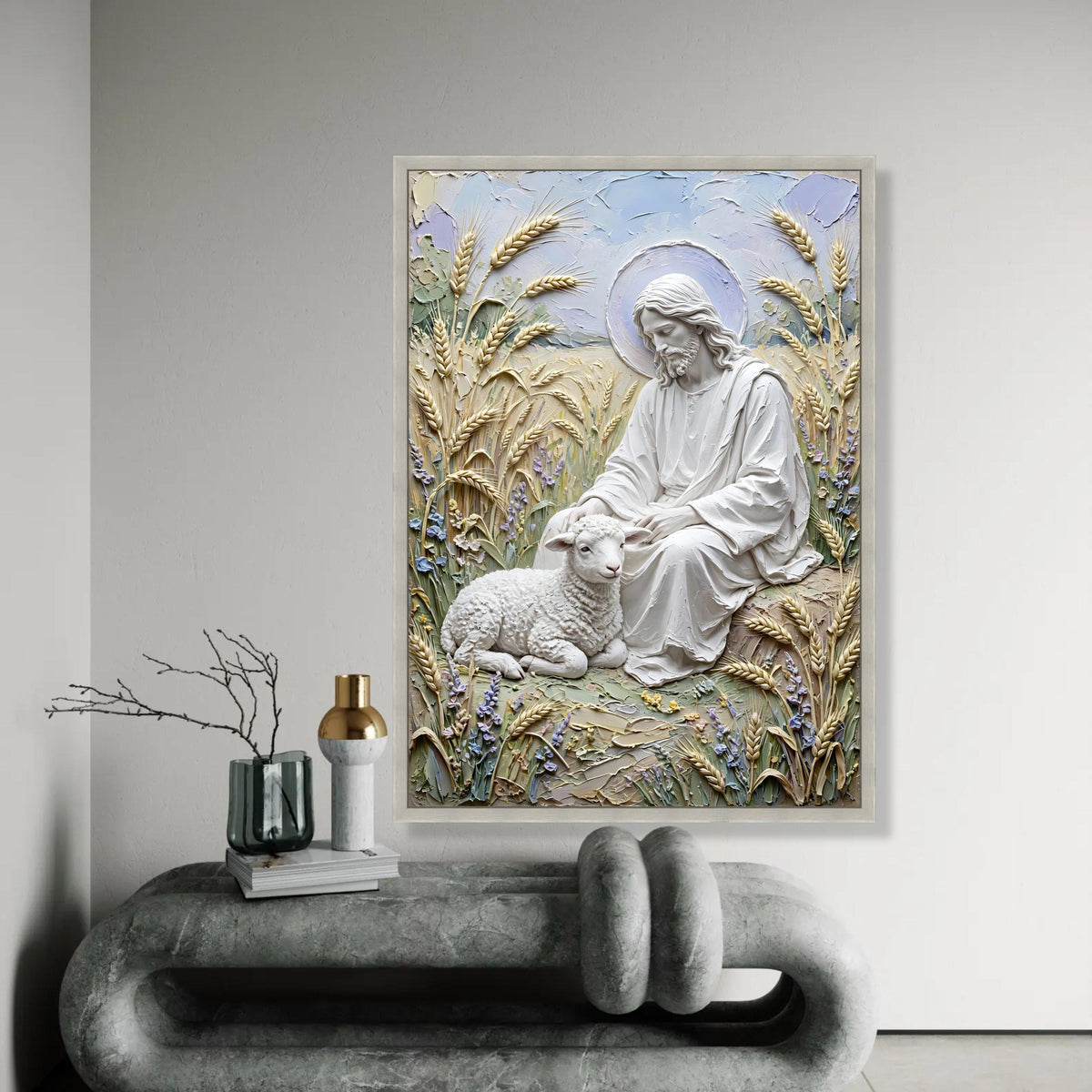 Gentle Shepherd with Lamb Canvas, Religious Wall Art, Spiritual Jesus Decor, Peaceful Pastoral Scene, Christian Ready To Hang Decoration