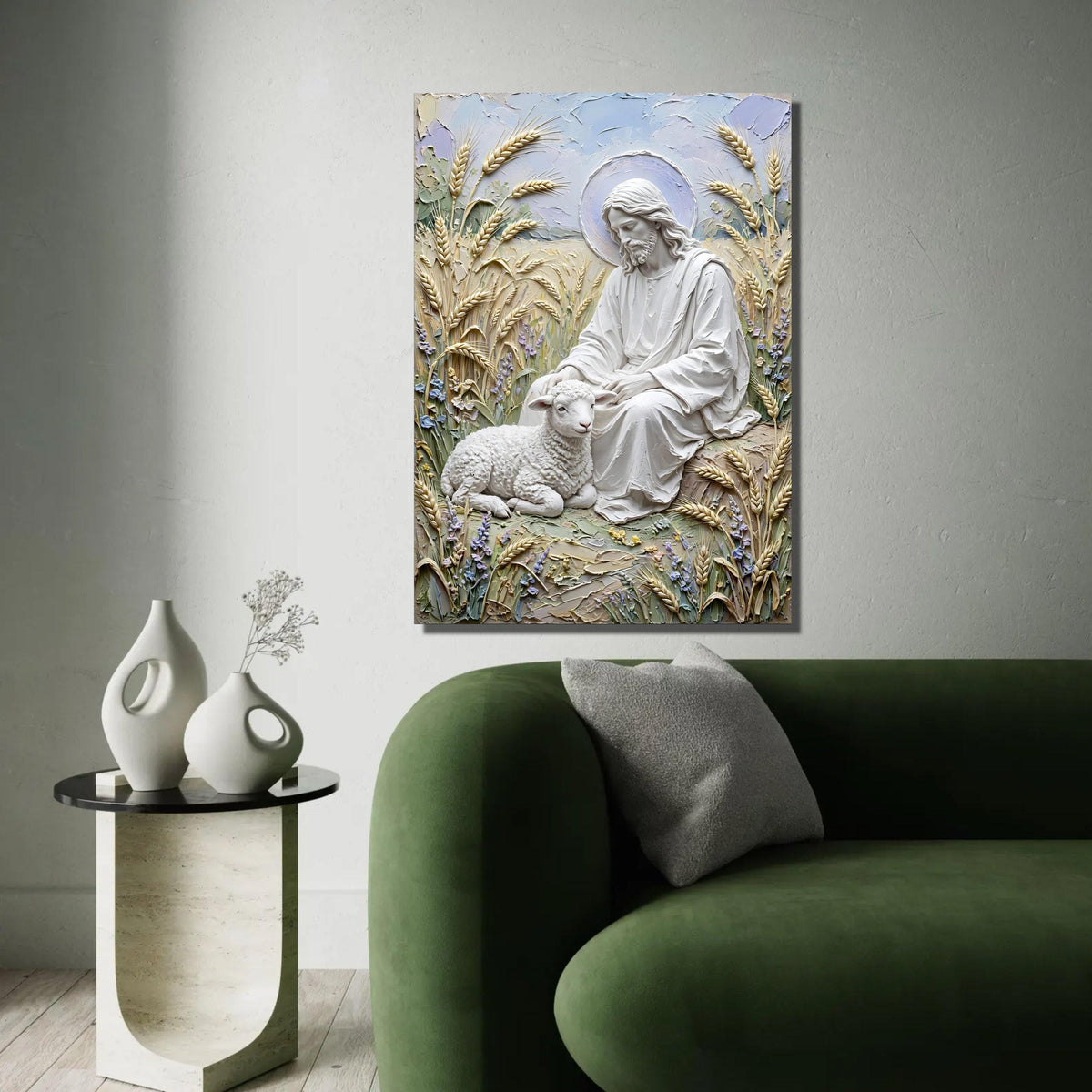 Gentle Shepherd with Lamb Canvas, Religious Wall Art, Spiritual Jesus Decor, Peaceful Pastoral Scene, Christian Ready To Hang Decoration