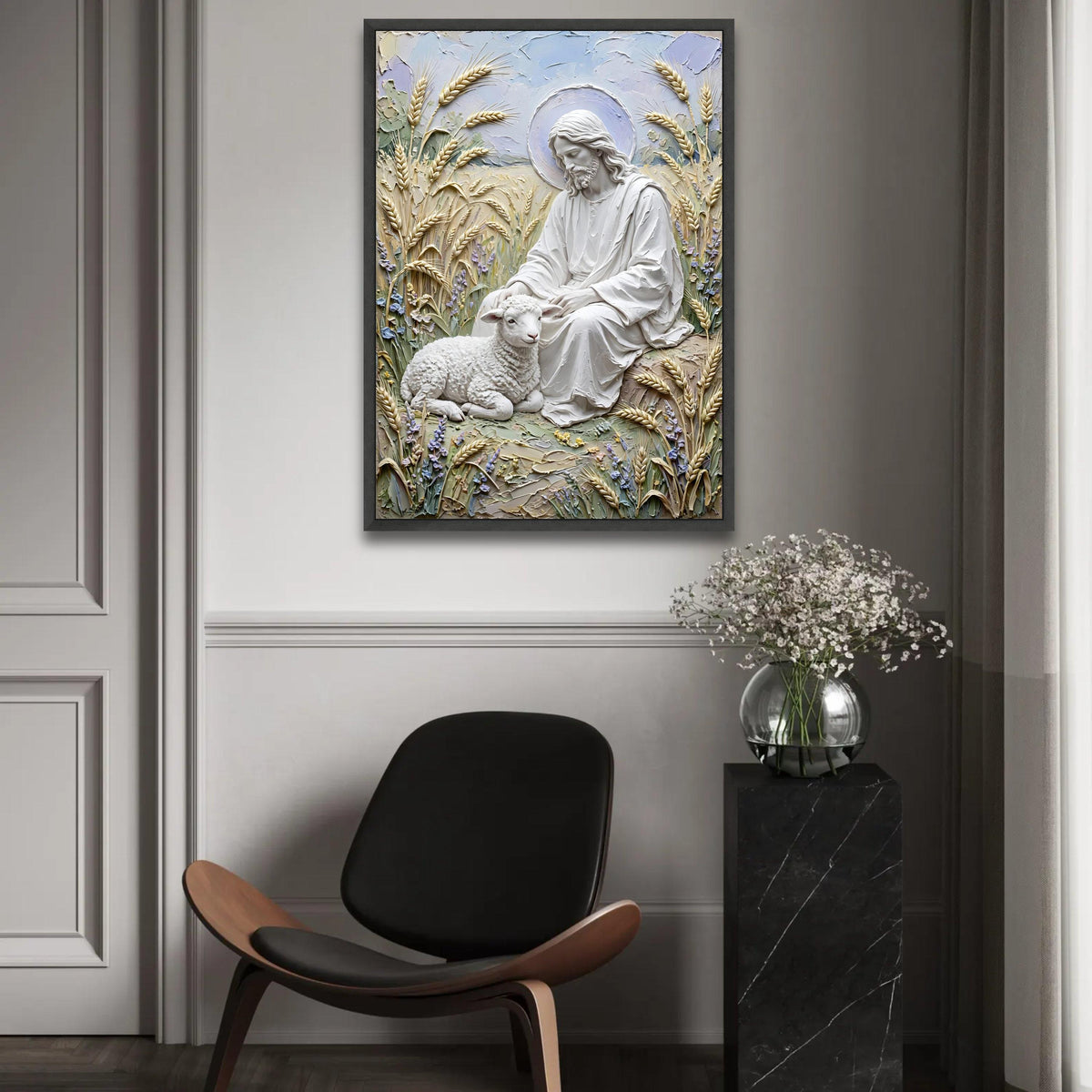 Gentle Shepherd with Lamb Canvas, Religious Wall Art, Spiritual Jesus Decor, Peaceful Pastoral Scene, Christian Ready To Hang Decoration