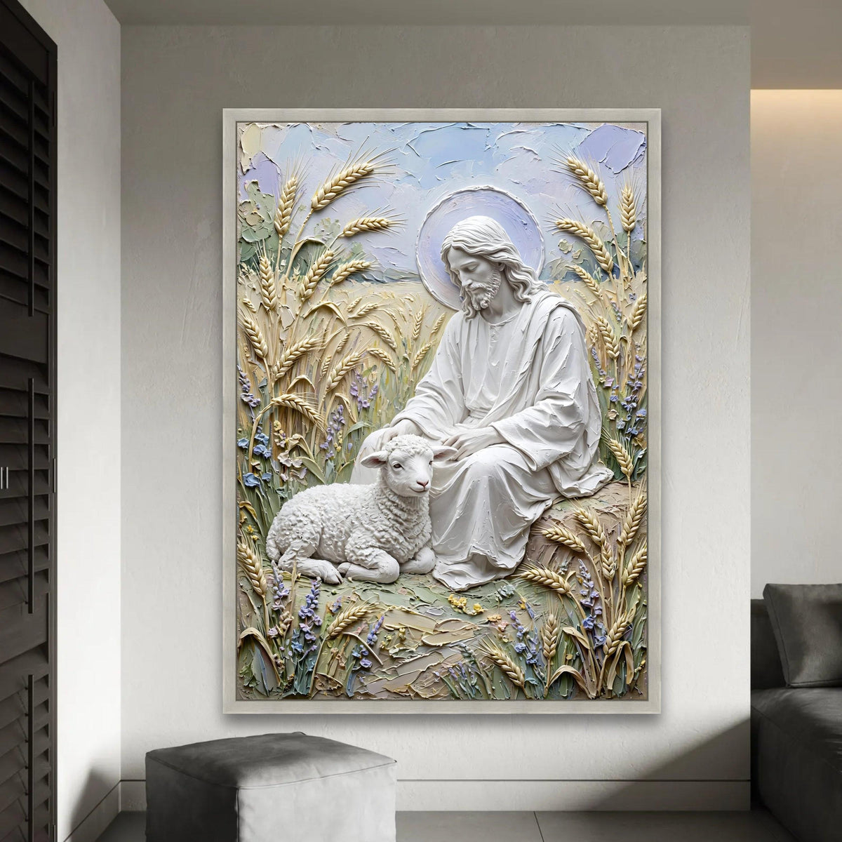 Gentle Shepherd with Lamb Canvas, Religious Wall Art, Spiritual Jesus Decor, Peaceful Pastoral Scene, Christian Ready To Hang Decoration