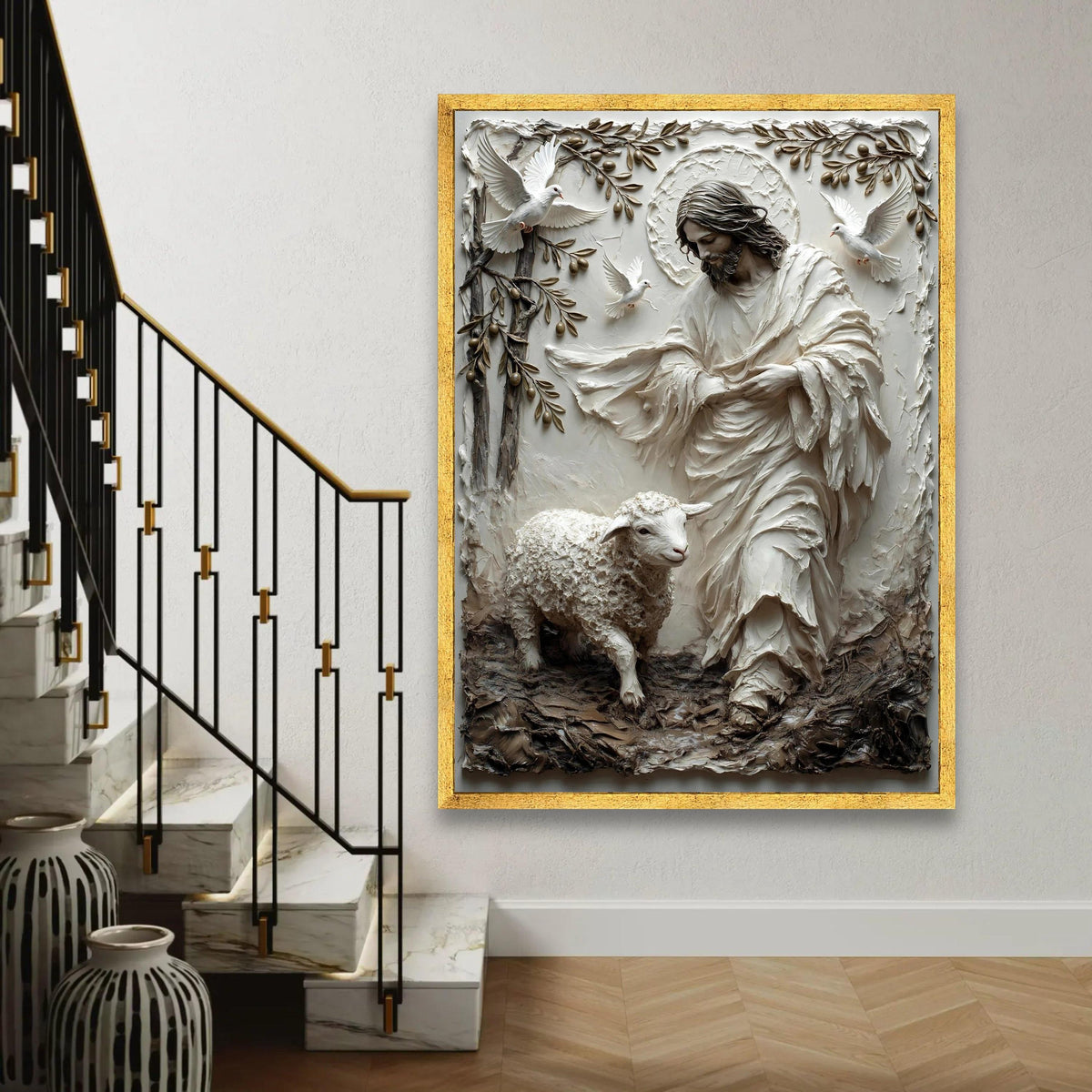 Jesus With Lamb and Doves Canvas, Religious Christian Wall Art, Spiritual Home Decoration, Inspirational Canvas Ready To Hang Decoration
