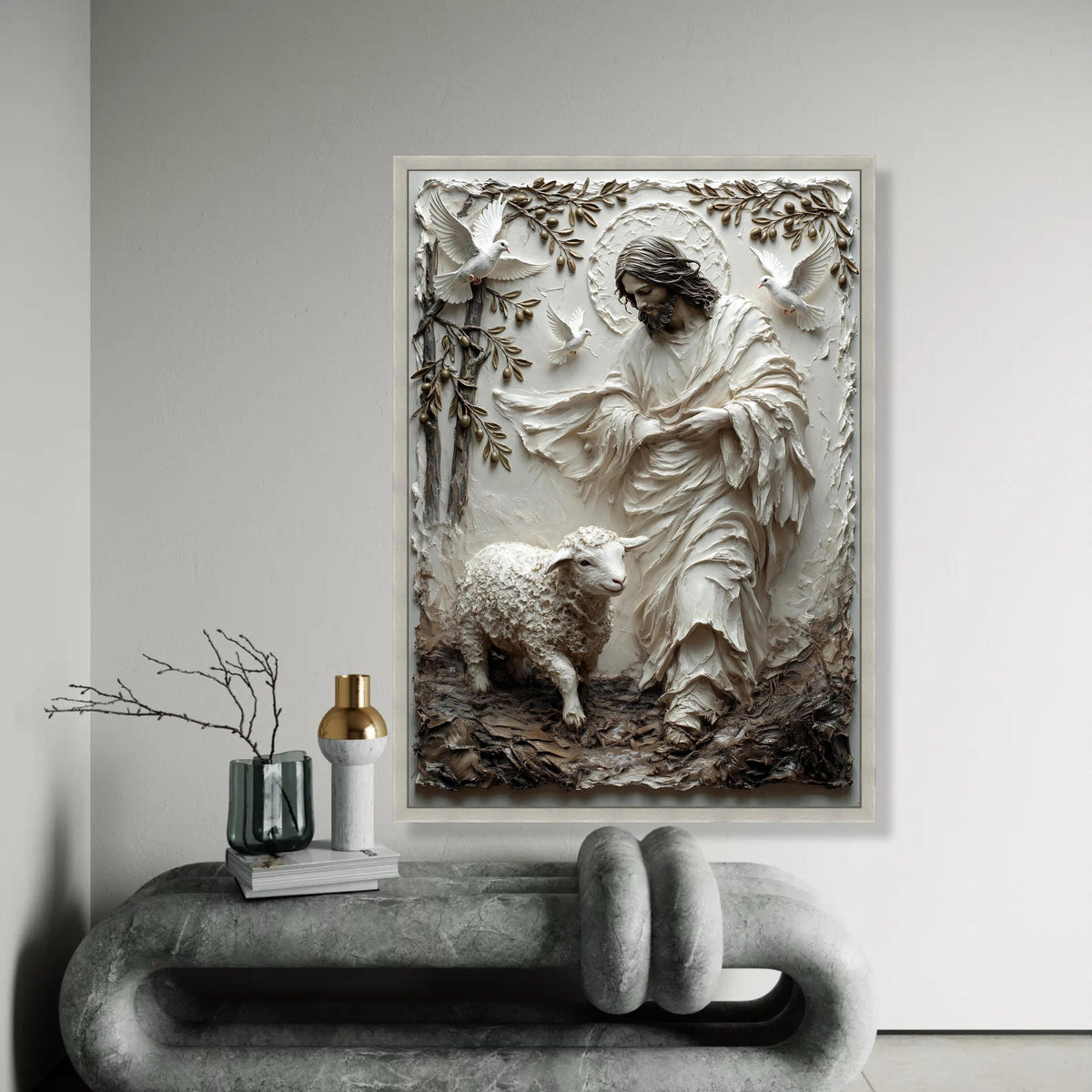 Jesus With Lamb and Doves Canvas, Religious Christian Wall Art, Spiritual Home Decoration, Inspirational Canvas Ready To Hang Decoration