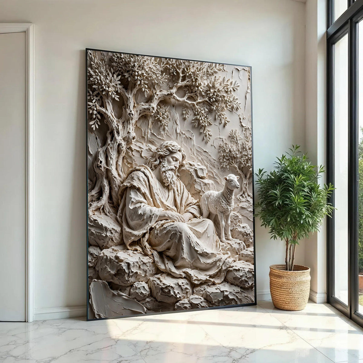 Serene Shepherd Scene Canvas, Rustic Olive Tree Wall Art, Peaceful Nature Landscape Canvas, Spiritual Home Ready To Hang Decoration