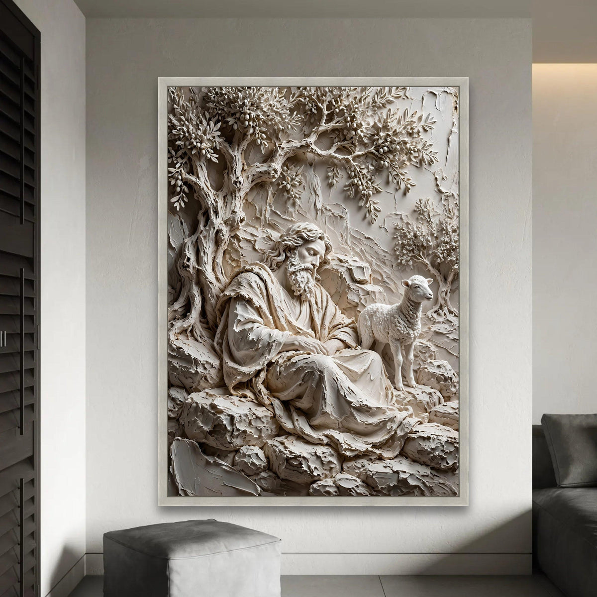 Serene Shepherd Scene Canvas, Rustic Olive Tree Wall Art, Peaceful Nature Landscape Canvas, Spiritual Home Ready To Hang Decoration