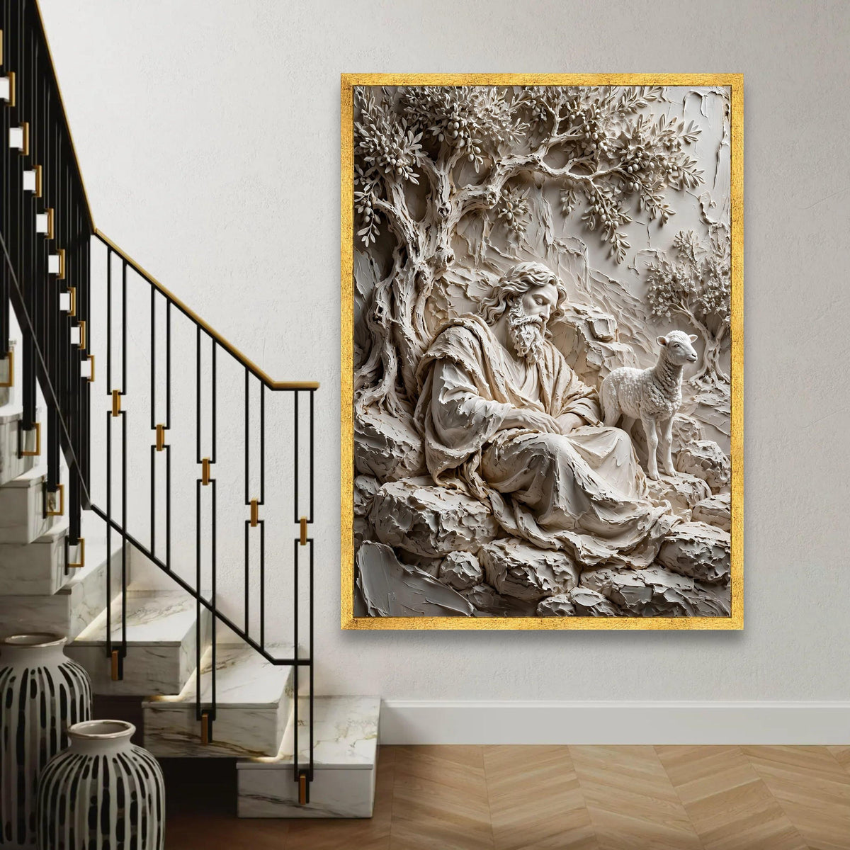 Serene Shepherd Scene Canvas, Rustic Olive Tree Wall Art, Peaceful Nature Landscape Canvas, Spiritual Home Ready To Hang Decoration