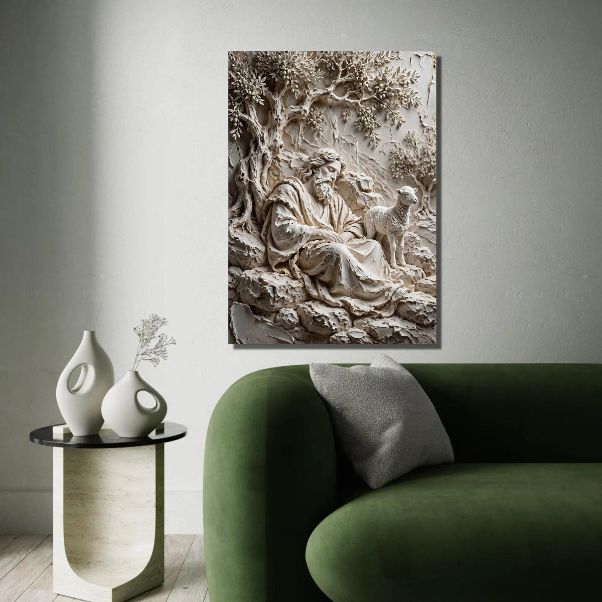 Serene Shepherd Scene Canvas, Rustic Olive Tree Wall Art, Peaceful Nature Landscape Canvas, Spiritual Home Ready To Hang Decoration