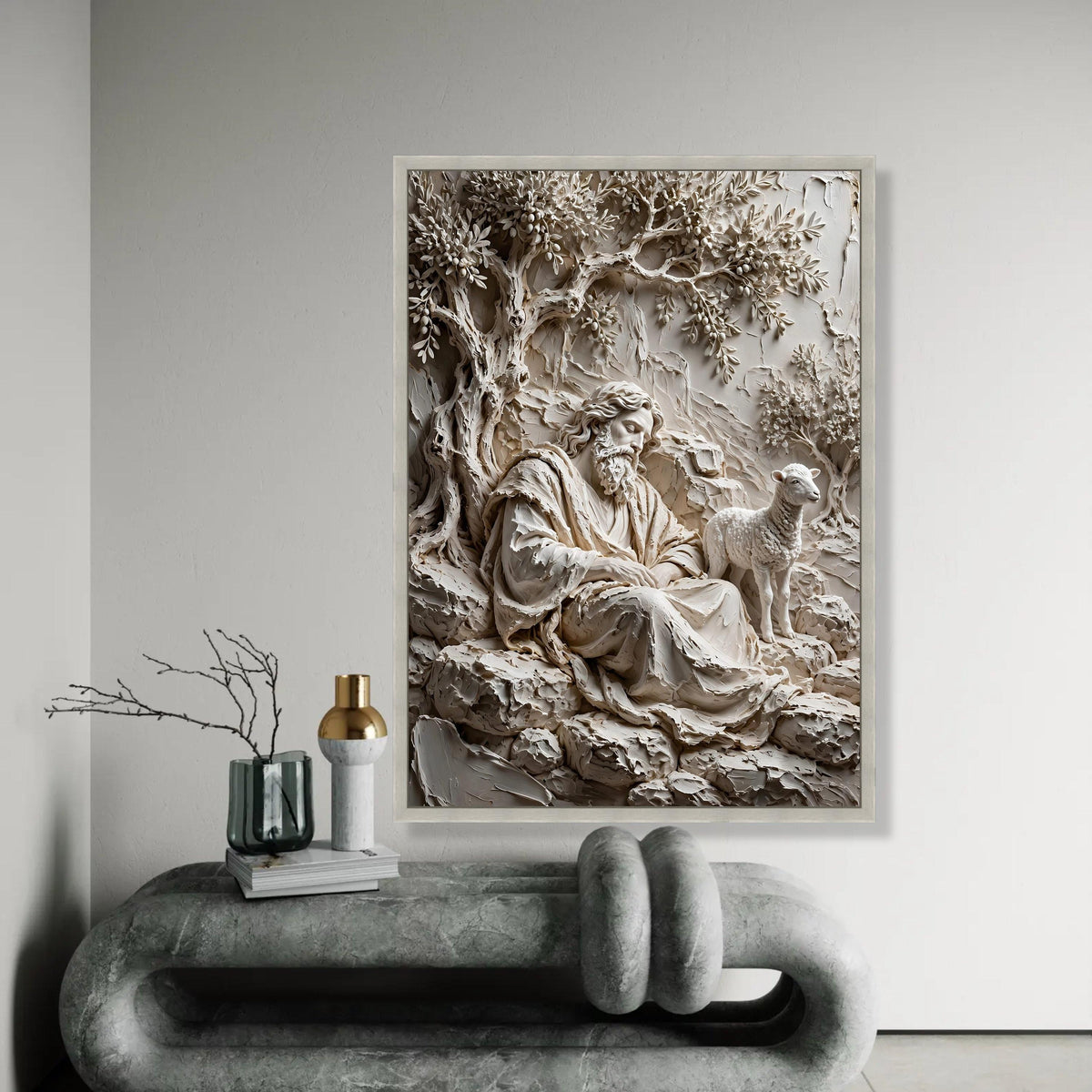 Serene Shepherd Scene Canvas, Rustic Olive Tree Wall Art, Peaceful Nature Landscape Canvas, Spiritual Home Ready To Hang Decoration