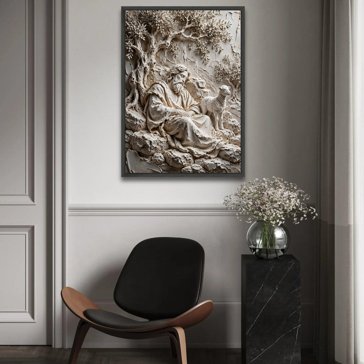 Serene Shepherd Scene Canvas, Rustic Olive Tree Wall Art, Peaceful Nature Landscape Canvas, Spiritual Home Ready To Hang Decoration