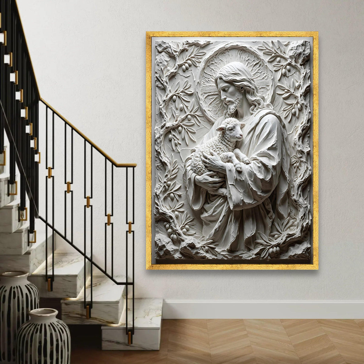 Jesus Holding Lamb Canvas Wall Art, Religious Christian Canvas, Spiritual Wall Decoration, Faith Home Art, Peaceful Ready To Hang Decoration