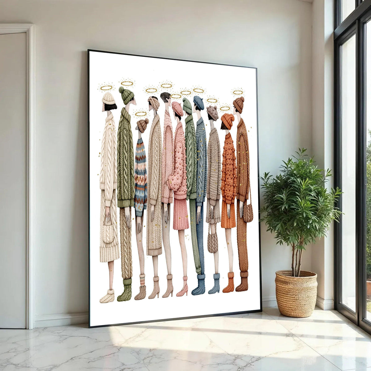 Cozy Knitwear Fashion Lineup, Winter Sweater and Hat Canvas, Contemporary Figurative Art, Warm Clothing Wall Decor, Ready To Hang Decoration