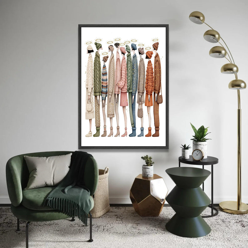 Cozy Knitwear Fashion Lineup, Winter Sweater and Hat Canvas, Contemporary Figurative Art, Warm Clothing Wall Decor, Ready To Hang Decoration