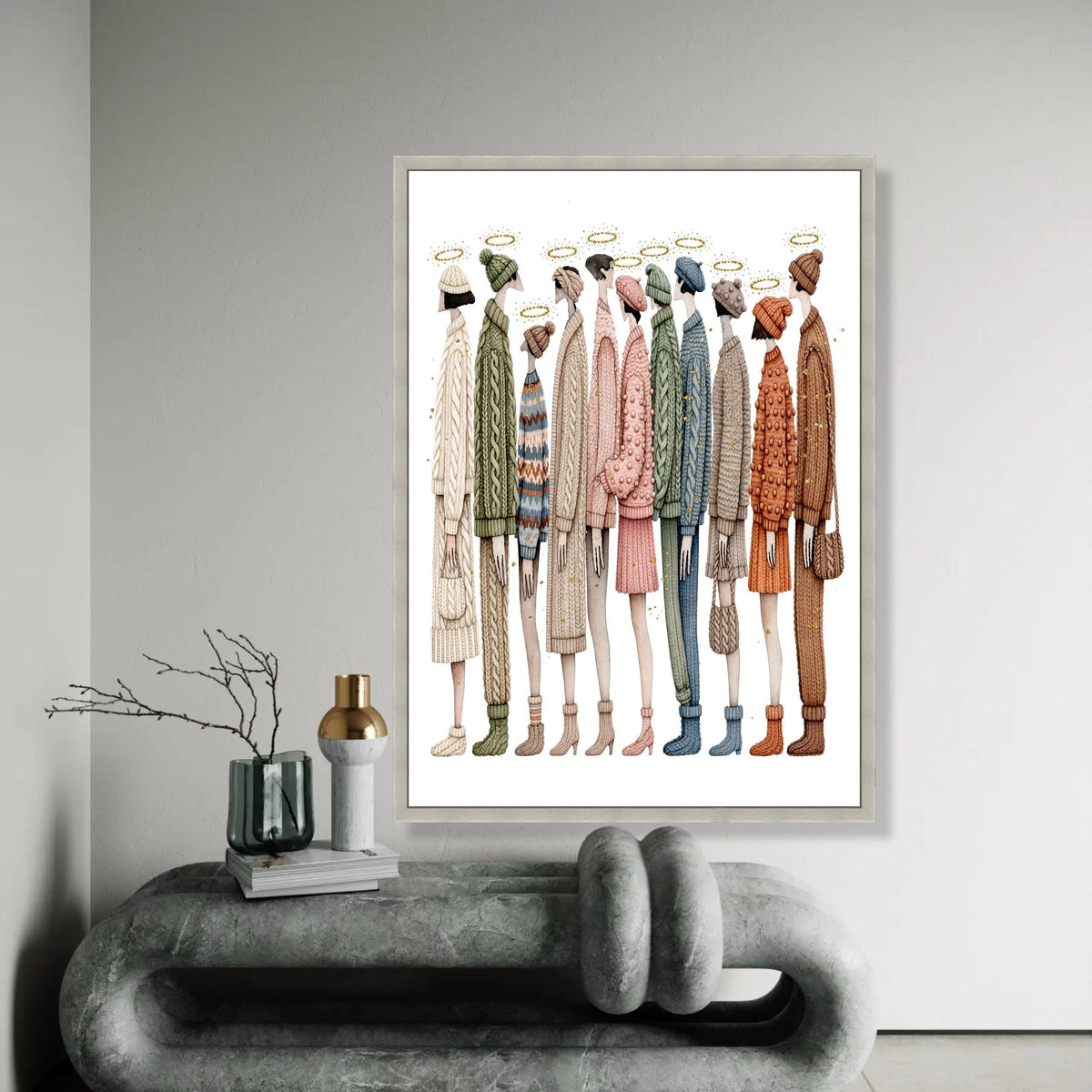 Cozy Knitwear Fashion Lineup, Winter Sweater and Hat Canvas, Contemporary Figurative Art, Warm Clothing Wall Decor, Ready To Hang Decoration